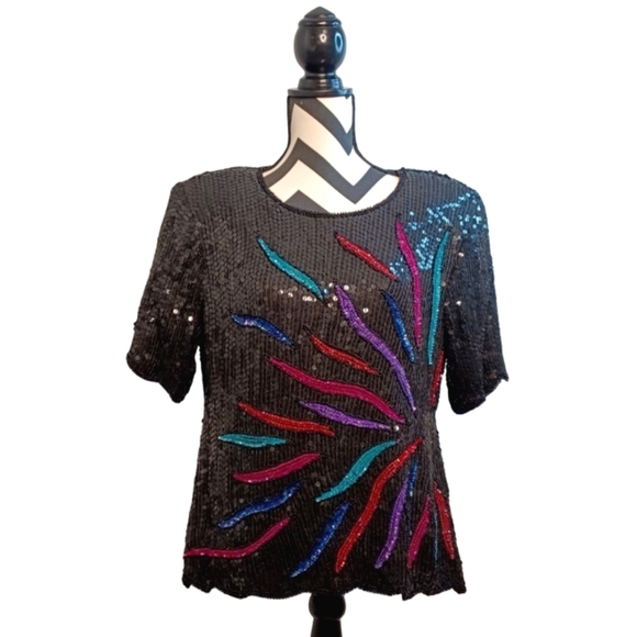 Vintage 100% Silk Sequin Country Club Gala Sz L Yacht Luxury Glam Blouse - Picture 1 of 15